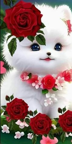 a white cat with blue eyes and red roses on it's neck is surrounded by pink flowers