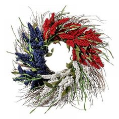 a wreath with red, white and blue flowers is shown on a white background in this image