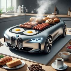 an image of a car with eggs and sausages in the shape of a grill