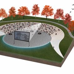 an artist's rendering of a theater in the middle of a park with people sitting and standing around it