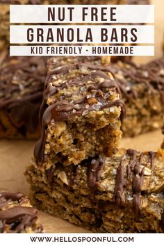 nut free granola bars with chocolate drizzle on top and text overlay