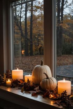 candles and pumpkins sit on a window sill