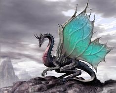 two dragon like creatures sitting on top of a rock next to each other in front of a cloudy sky