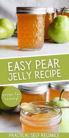 the cover of an easy pear jelly recipe is shown with apples and jars in the background