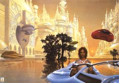 a woman sitting on top of a car in front of a futuristic cityscape