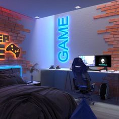 a gaming room with a neon sign above the bed