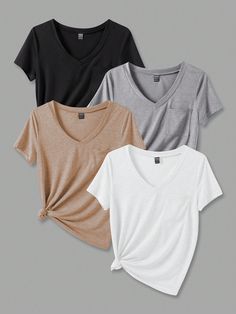 Solid Color V-Neck Casual T-Shirt Multicolor Casual  Short Sleeve Fabric Plain  Slight Stretch Summer Women Clothing, size features are:Bust: ,Length: ,Sleeve Length: Teen Shirts, Shirts For Teens, Elegant Dresses Long, Women T Shirts, Casual T Shirt, Kids Beachwear, Womens Midi Dresses, Casual T Shirts, Women Lingerie