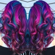 Beautiful fuchsia pink and blue mermaid hair by Stephanie Lawrence hotonbeauty.com Jewel Tone Rainbow Hair, Bright Blue And Purple Hair, Mermaid Tear Hair Color, Blue To Purple To Pink Ombre Hair, Magenta Purple And Blue Hair