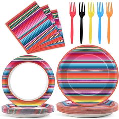 a set of colorful striped paper plates and forks