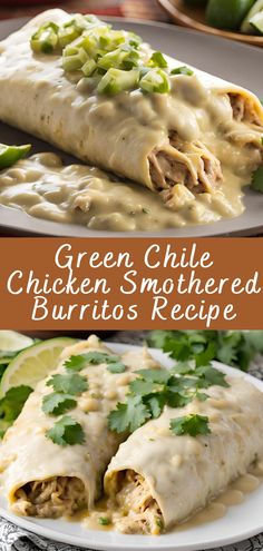 green chile chicken smothered burritos recipe on a white plate with cilantro garnishes