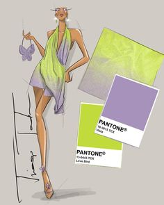 a woman in a green dress is standing next to pantone's color swatches