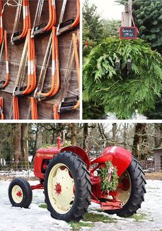 there is a red tractor with christmas decorations on it