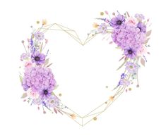 a heart shaped frame with purple flowers and greenery