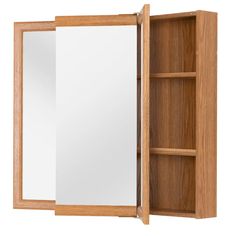 a wooden medicine cabinet with mirror and shelves