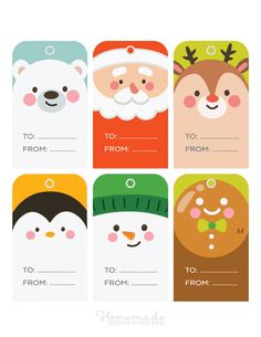 christmas gift tags with santa claus, snowman, penguin and reindeer faces on them