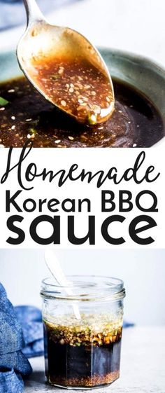 homemade korean bbq sauce in a glass jar with spoon and blue cloth on the side