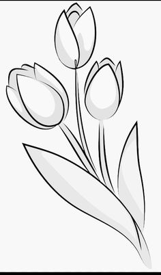 a black and white drawing of three tulips