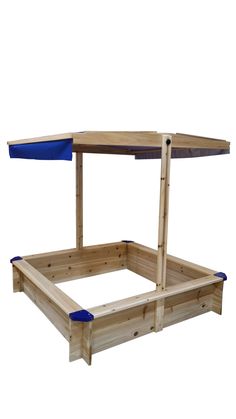 a wooden bed frame with a blue cover on the top and bottom part, in front of a white background