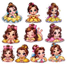 the cute princesses are sitting down and posing for pictures in their dresses, with different expressions