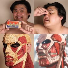 two men with different facial expressions, one holding a matchbox and the other wearing a mask