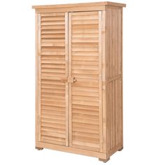 a wooden cabinet with shutters on the doors