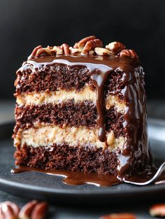 a slice of chocolate cake with nuts on top