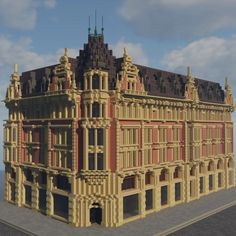 an old building made out of legos is shown in this image, with the sky and clouds behind it