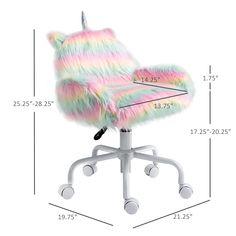 the unicorn chair is shown with measurements for it's seat and footrests