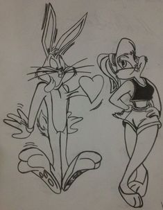 a drawing of an animated character and a rabbit