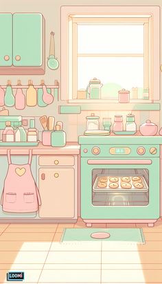 a kitchen scene with an oven, counter and cabinets in pastel colors on the wall