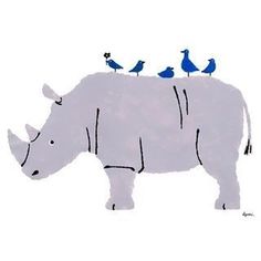 a rhino with birds sitting on it's back