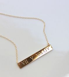 WEDDING DATE GOLD bar Roman Numeral Personalized by LillaDesigns, $45.00 Gold Bar Necklace Personalized, Real Diamond Necklace, Engraved Bar Necklace, Bezel Necklace, Silver Bar Necklace, Heart Choker, Nameplate Necklace, Monogram Jewelry, Gold Bar Necklace