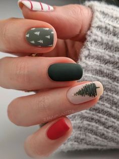 matte green and red short nails with pine tree accent Christmas Tree Nail Designs, Her Nails