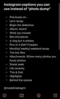 Instagram captions you can use instead of “photo dump” Currently Playing Music Aesthetic, Cool Ig Captions About Self, First Post Captions, Creative Insta Captions, Instagram Caption For Late Post, Behind The Scene Captions For Instagram, Recap Captions Instagram, Laugh Captions Instagram, Instagram Captions 2023