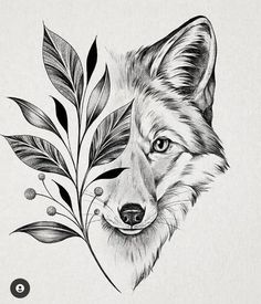 a black and white drawing of a fox with leaves