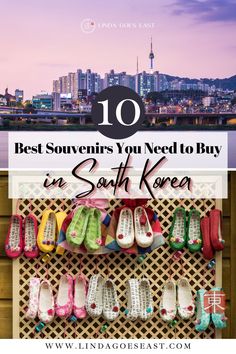 shoes hanging on a wall with the words 10 best souvenirs you need to buy in south korea