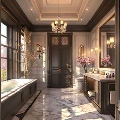 an elegant bathroom with marble flooring and chandelier