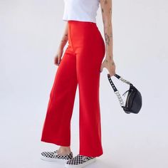 We Love These Fabulous Flattering Retro Red Naya High-Waisted Flare Pants! 95% Polyester 5% Spandex Red Non-stretch Wide Leg Pants With Pockets, Non-stretch Red Pants, Trendy Stretch Red Bottoms, Casual Fitted Red Dress Pants, Red Solid Long Pants, Casual Red Fitted Dress Pants, Red Fitted Casual Dress Pants, Red Solid Color Long Pants, Non-stretch Red Bottoms