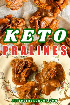 keto pralines on a plate with text overlay