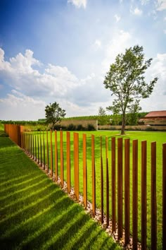 a row of wooden poles in the middle of a grassy field next to a tree