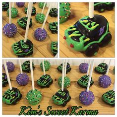 cake pops decorated with green and purple icing