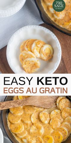 an easy keto egg casserole recipe with eggs and gravy in a cast iron skillet