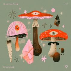 an illustration of mushrooms and other things on a green background with pink, orange, and white stars