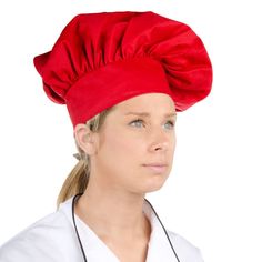 Give your chefs a bright and sophisticated, polished appearance with this Choice 13" red chef hat! This chef hat is made of a lightweight, easy-to-clean poly-cotton blend. It's machine washable for added convenience and features an adjustable Velcro® closure to fit a variety of sizes. At 13" tall, this chef hat offers a timeless, distinguished look that your guests recognize and your chefs love.<br><br> <b><u>Overall Dimensions:</b></u><br> Height: 13" Women's Chef Hat, Hairstylist Apron, Stylists Aprons, Commercial Embroidery Machine, Female Chef, Handmade Aprons, Chef Hat, Hat Custom, Chef Gifts