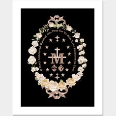 a black background with white flowers and the letter m in gold on it, surrounded by stars