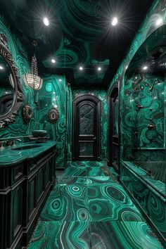 a very fancy bathroom with green marble and black walls, lights on the ceiling and floor