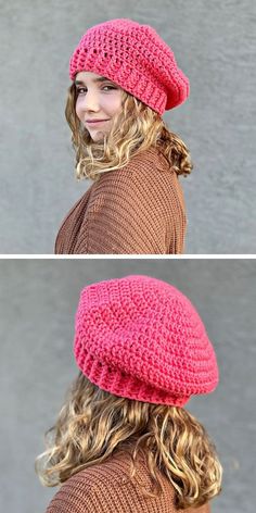 two photos of a woman wearing a pink knitted hat and brown sweater with long blonde hair