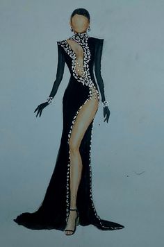 a drawing of a woman in a black dress with high slits and beading