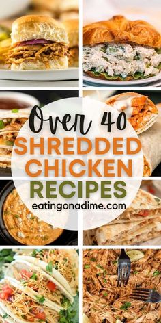 chicken sandwiches are shown with the words over 40 shredded chicken recipes on top and below