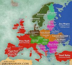 a map of europe with all the major cities and their names in red, green, blue, brown